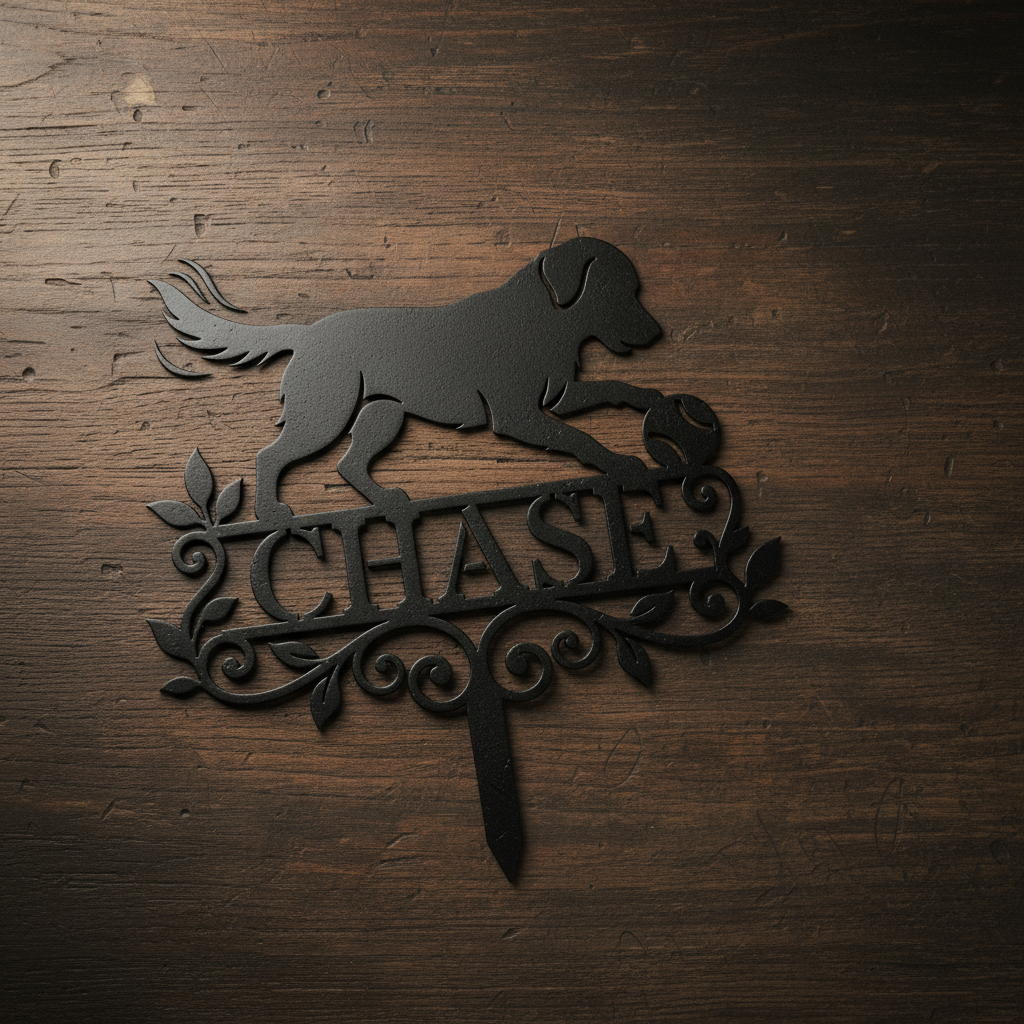 Personalized dog memorial garden stake with retriever and ball in black steel – image 16