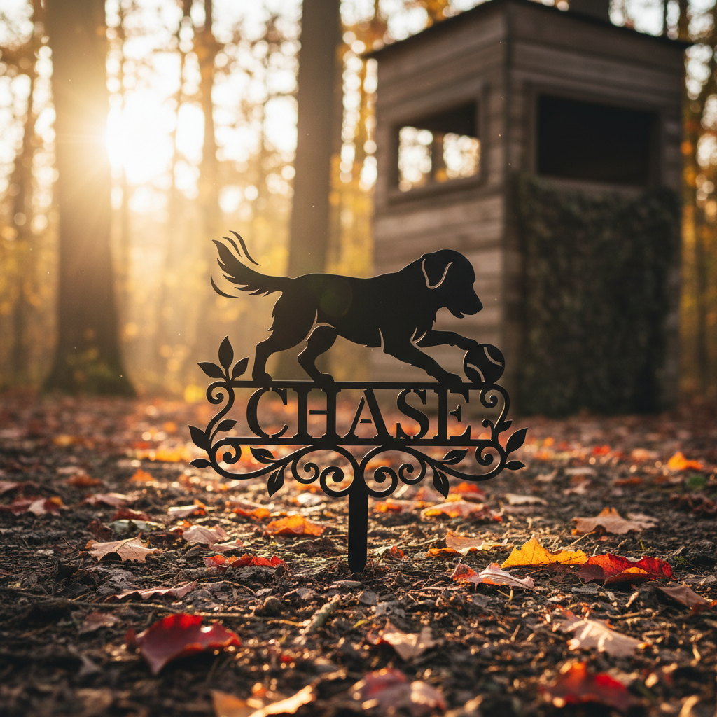 Personalized dog memorial garden stake with retriever and ball in black steel – image 17