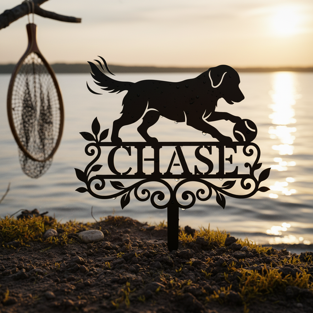 Personalized dog memorial garden stake with retriever and ball in black steel – image 19