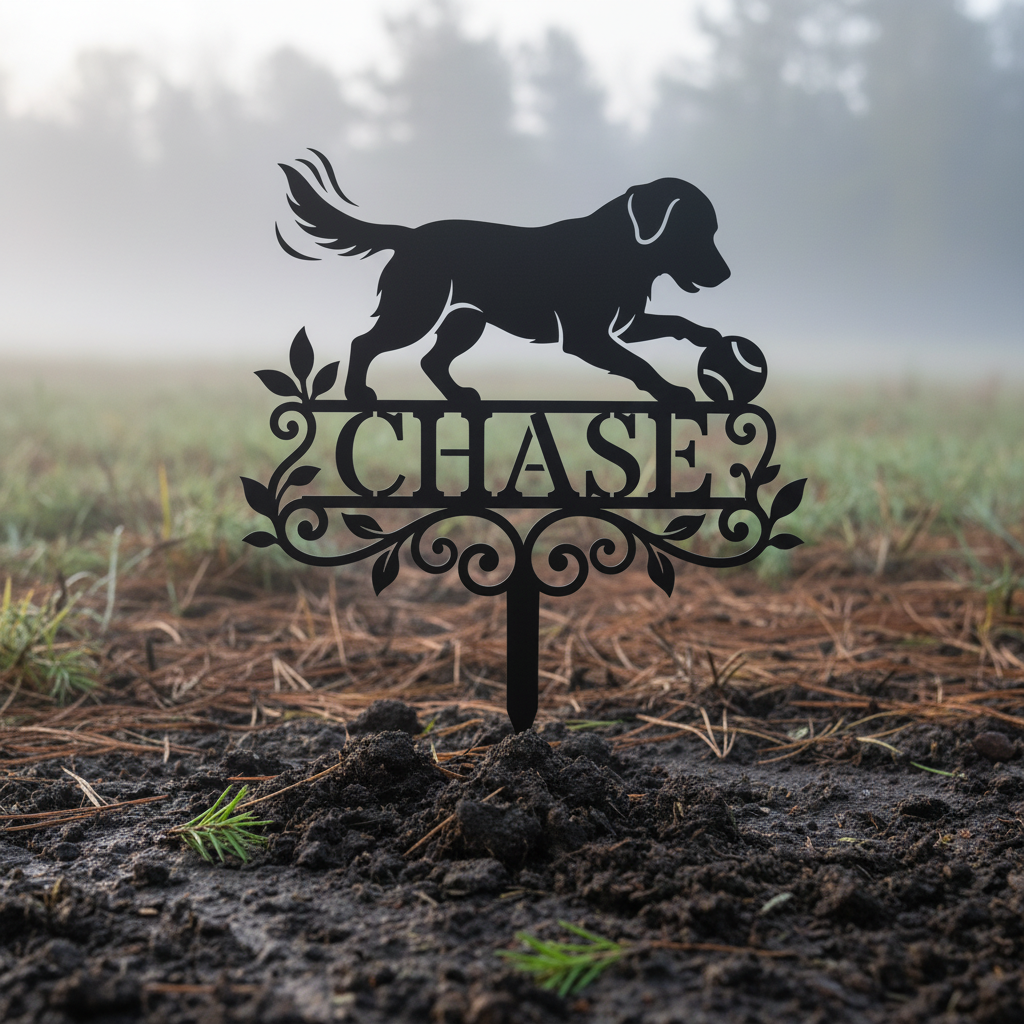 Personalized dog memorial garden stake with retriever and ball in black steel – image 20