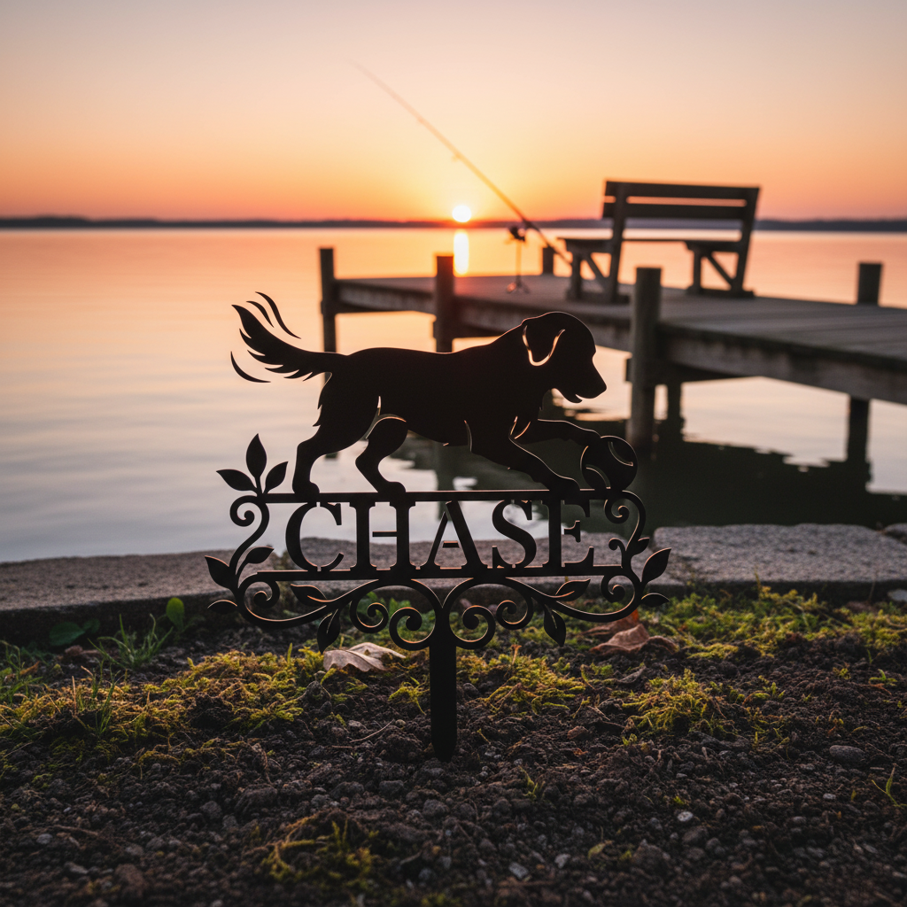Personalized dog memorial garden stake with retriever and ball in black steel – image 21