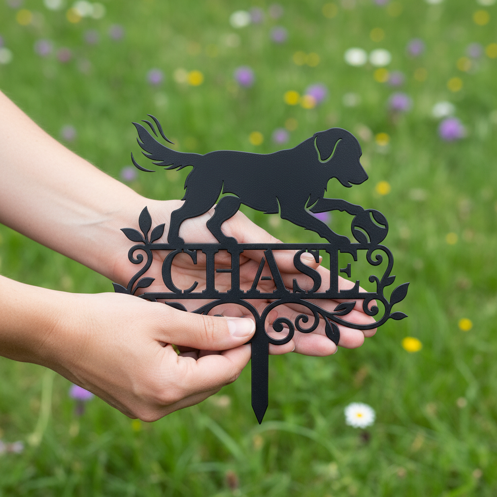 Personalized dog memorial garden stake with retriever and ball in black steel – image 6