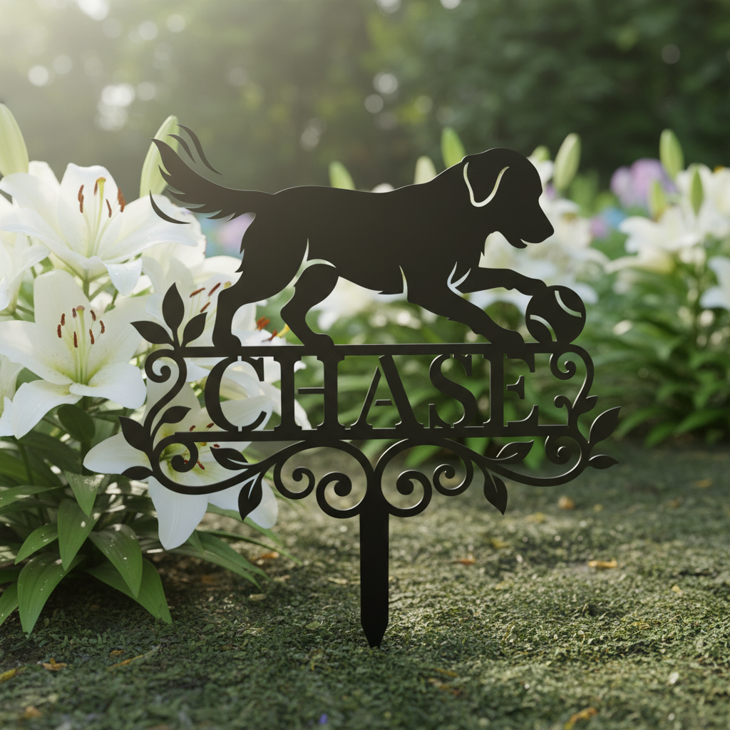 Personalized dog memorial garden stake with retriever and ball in black steel – image 7