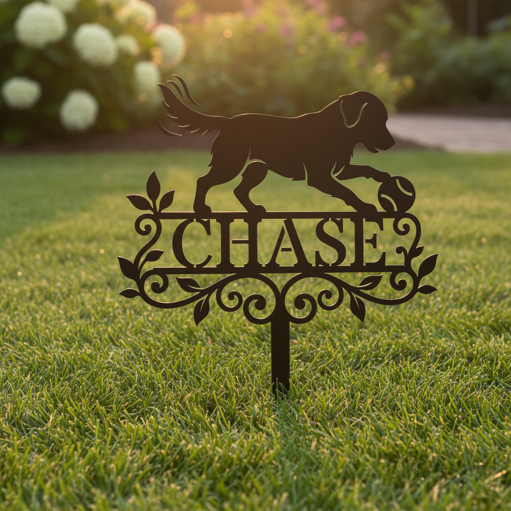 Personalized dog memorial garden stake with retriever and ball in black steel