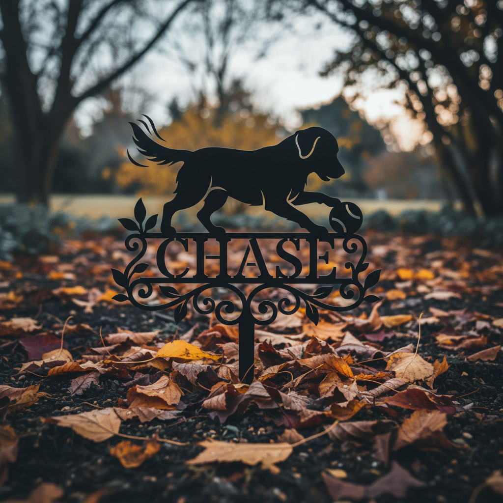 Personalized dog memorial garden stake with retriever and ball in black steel – image 8
