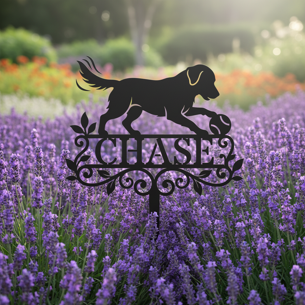 Personalized dog memorial garden stake with retriever and ball in black steel – image 9