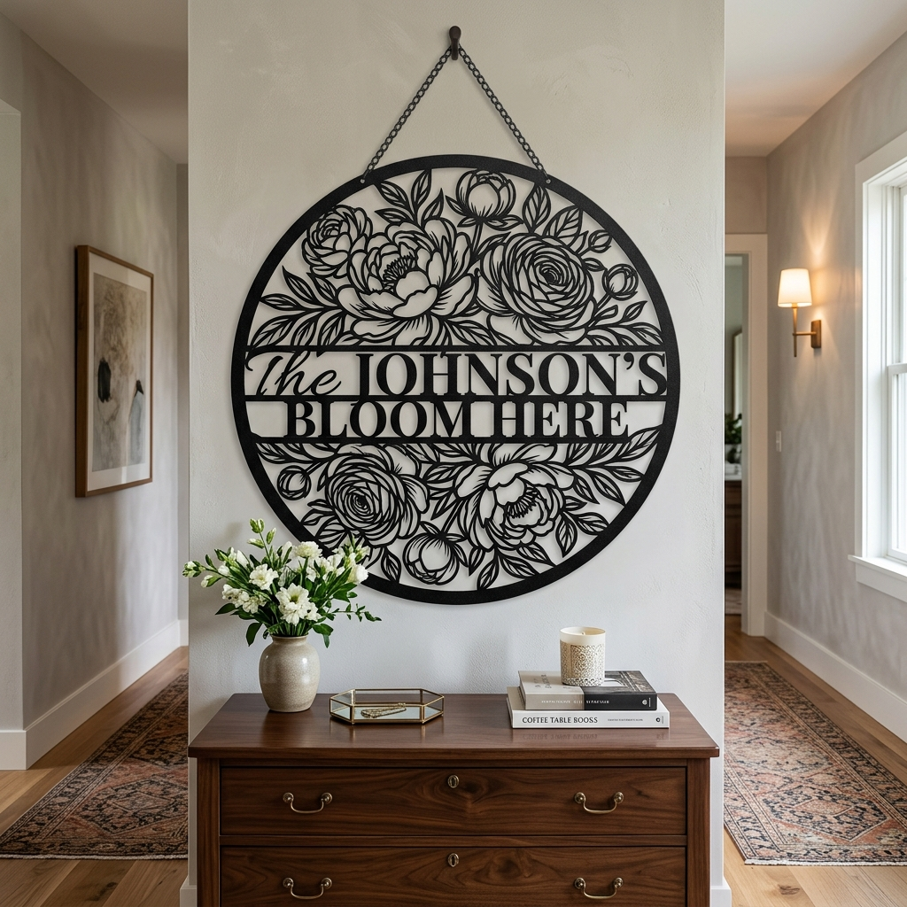 Personalized floral round family name sign with flower vines in black steel