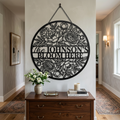 Personalized floral round family name sign with flower vines in black steel