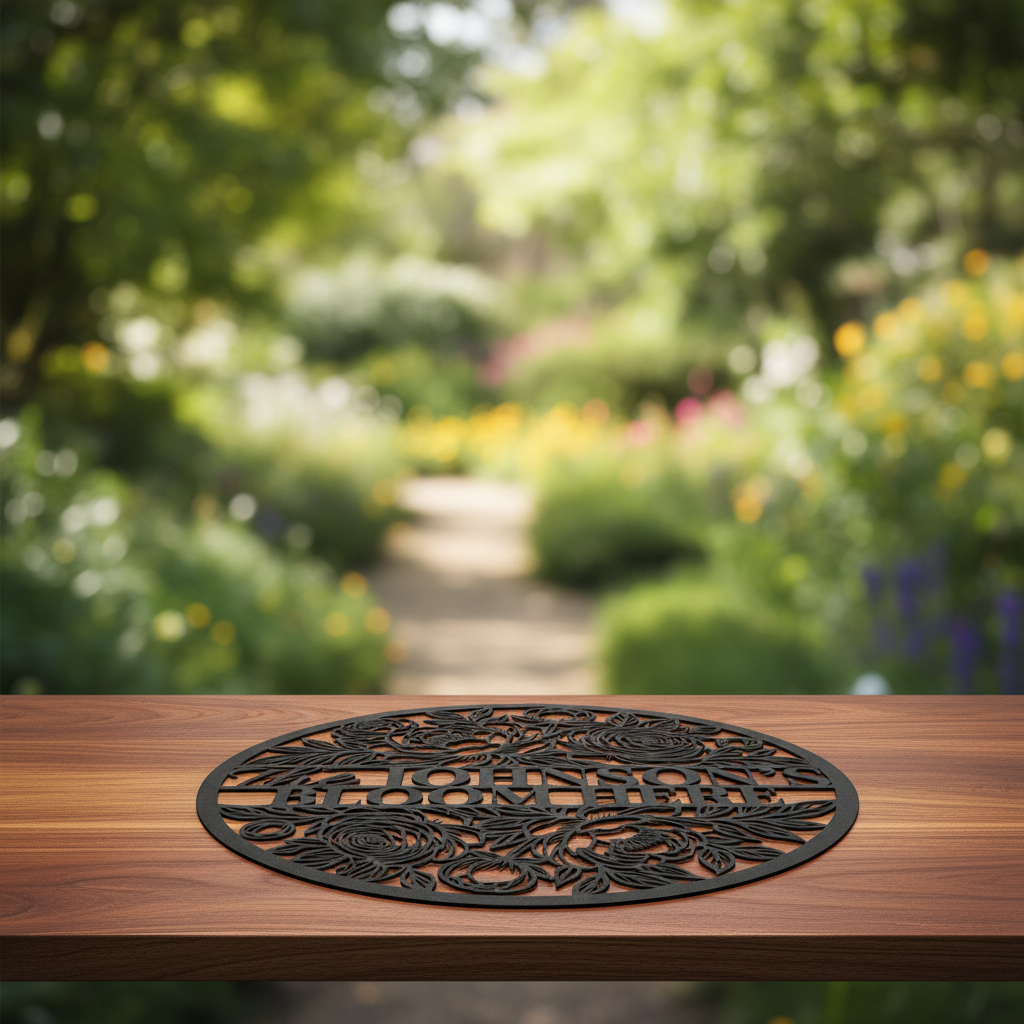 Personalized floral round family name sign with flower vines in black steel – image 11