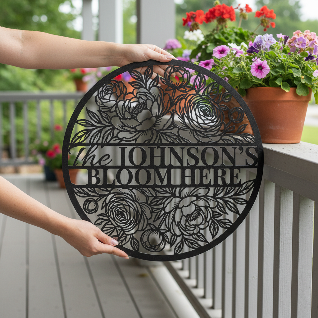 Personalized floral round family name sign with flower vines in black steel – image 12