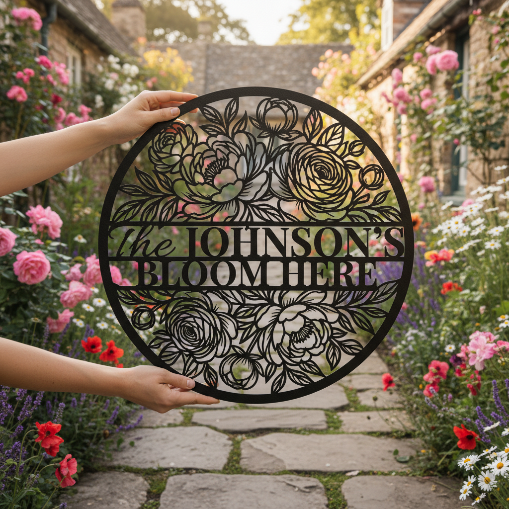 Personalized floral round family name sign with flower vines in black steel – image 13