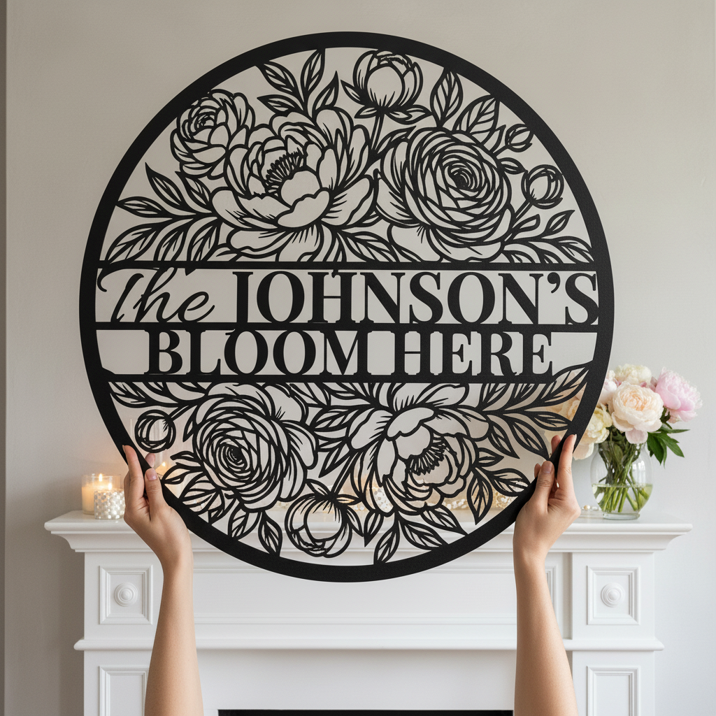 Personalized floral round family name sign with flower vines in black steel – image 14