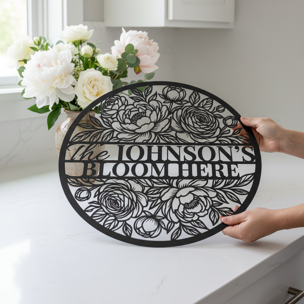 Personalized floral round family name sign with flower vines in black steel – image 15