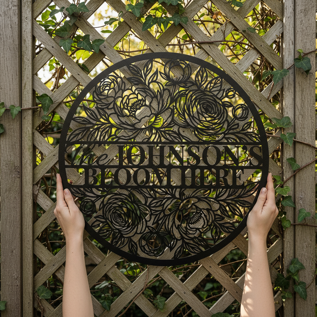 Personalized floral round family name sign with flower vines in black steel – image 16