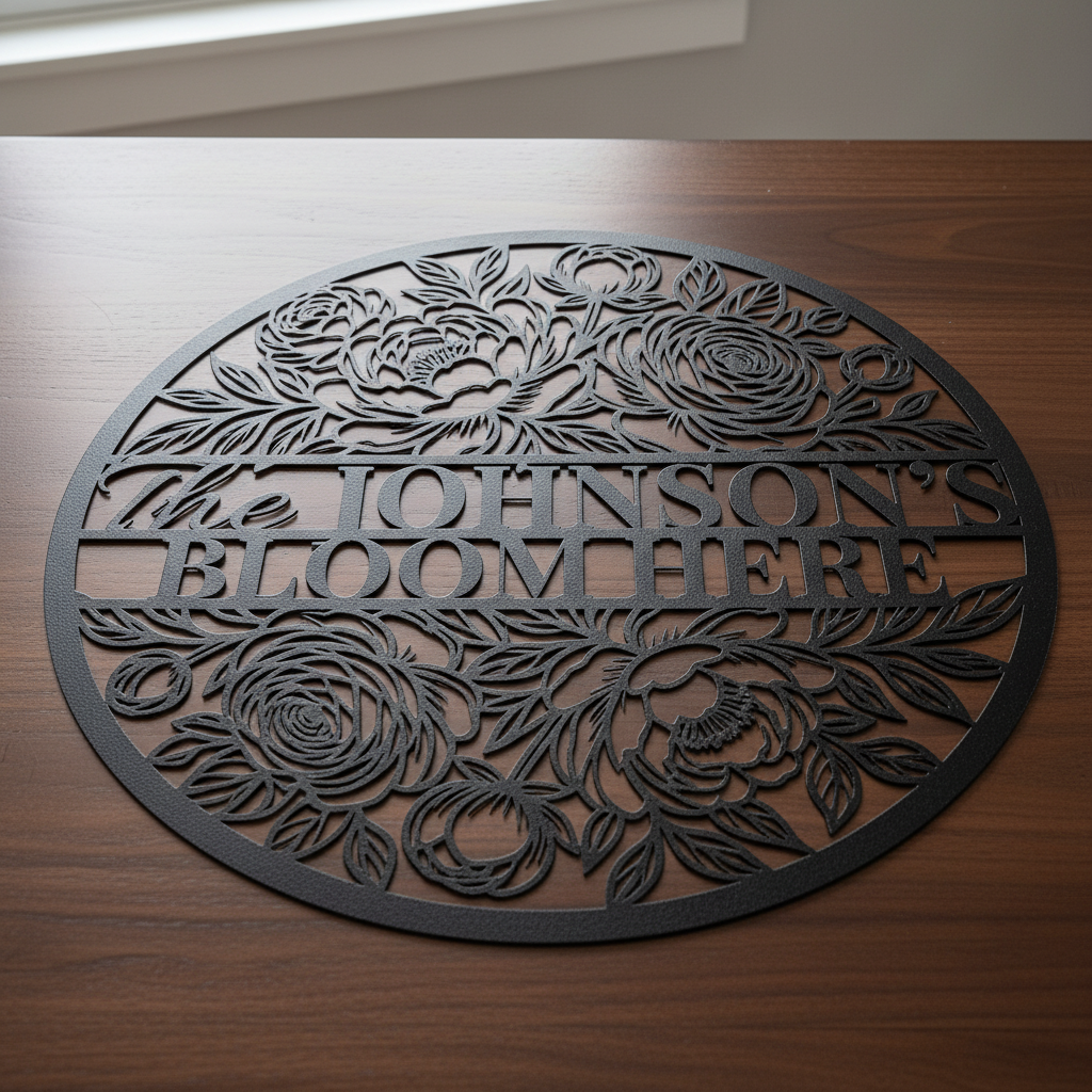 Personalized floral round family name sign with flower vines in black steel – image 17