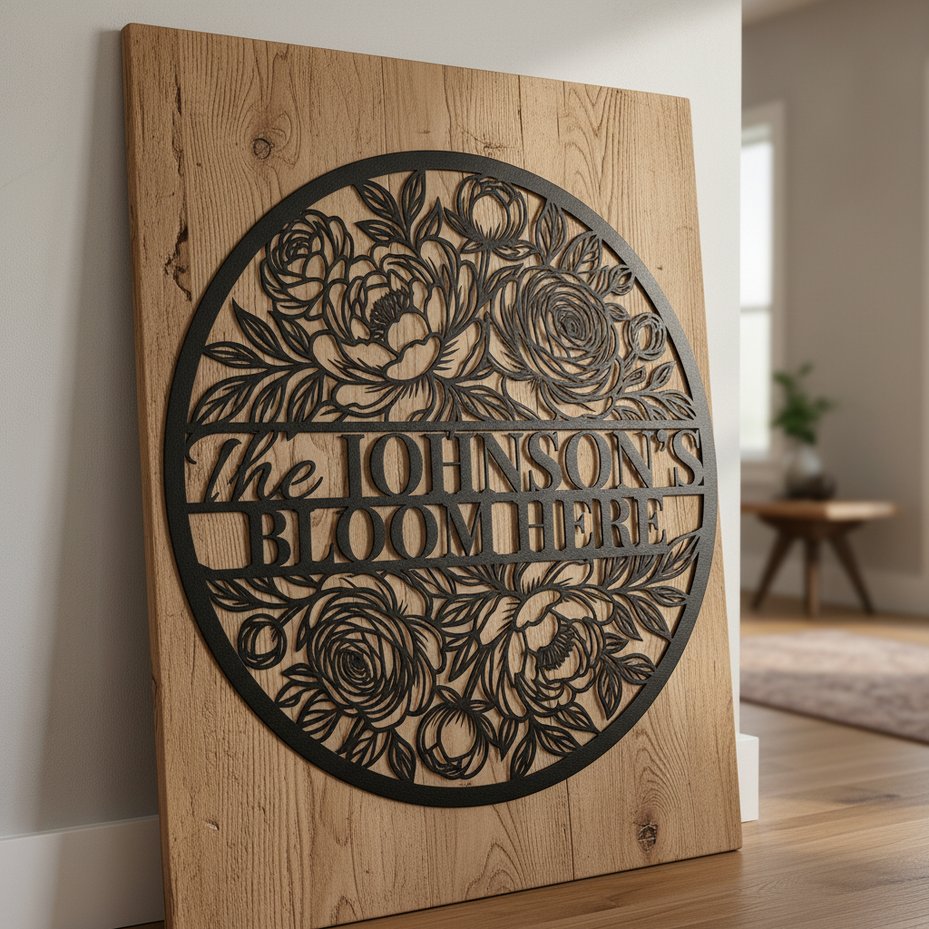 Personalized floral round family name sign with flower vines in black steel – image 18
