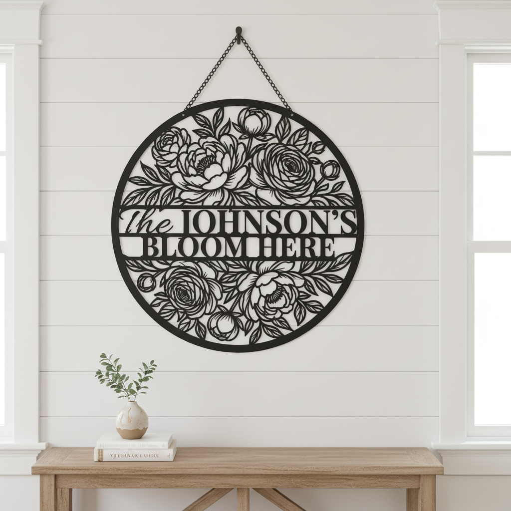 Personalized floral round family name sign with flower vines in black steel – image 19