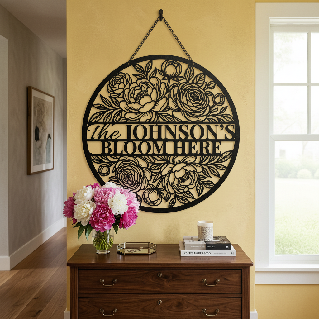 Personalisiertes florales Familienschild rund mit Familienname – Bild 3