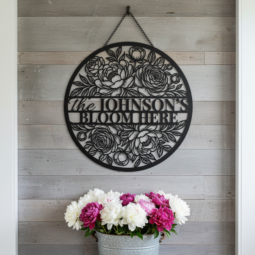 Personalisiertes florales Familienschild rund mit Familienname – Bild 4