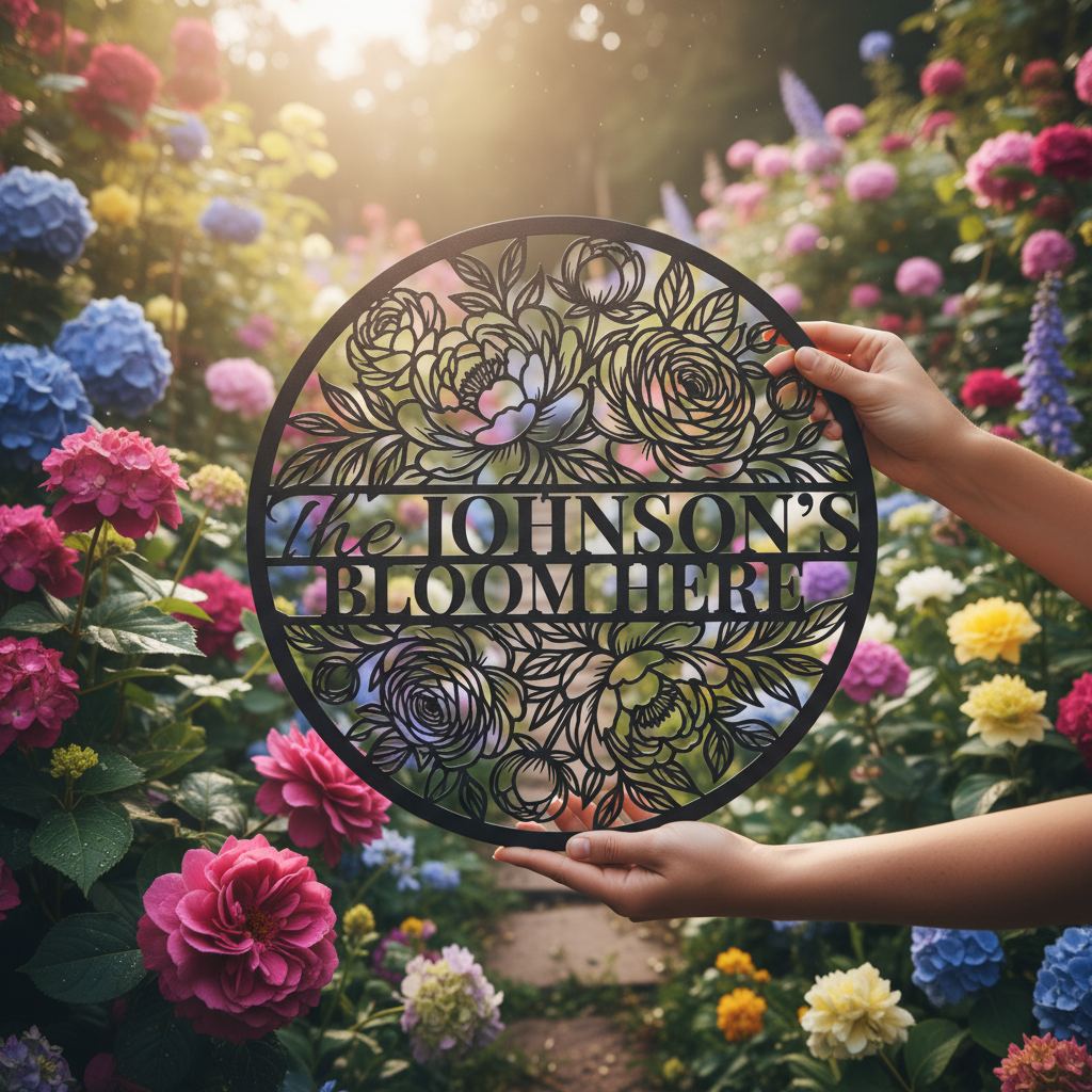 Personalized floral round family name sign with flower vines in black steel – image 6