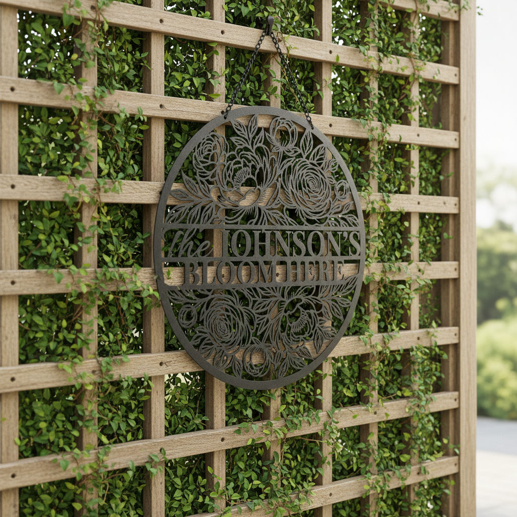 Personalized floral round family name sign with flower vines in black steel – image 7