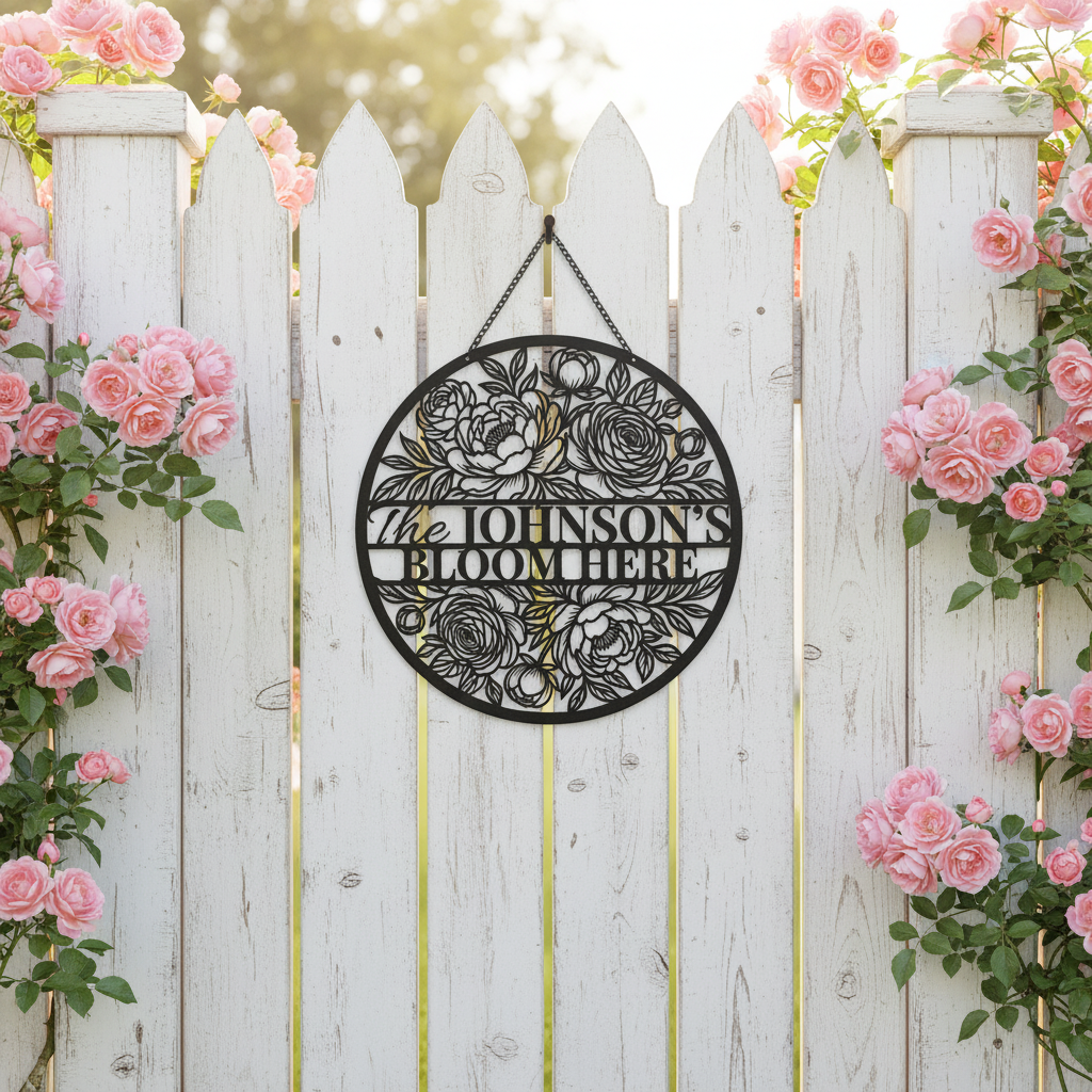 Personalized floral round family name sign with flower vines in black steel – image 8