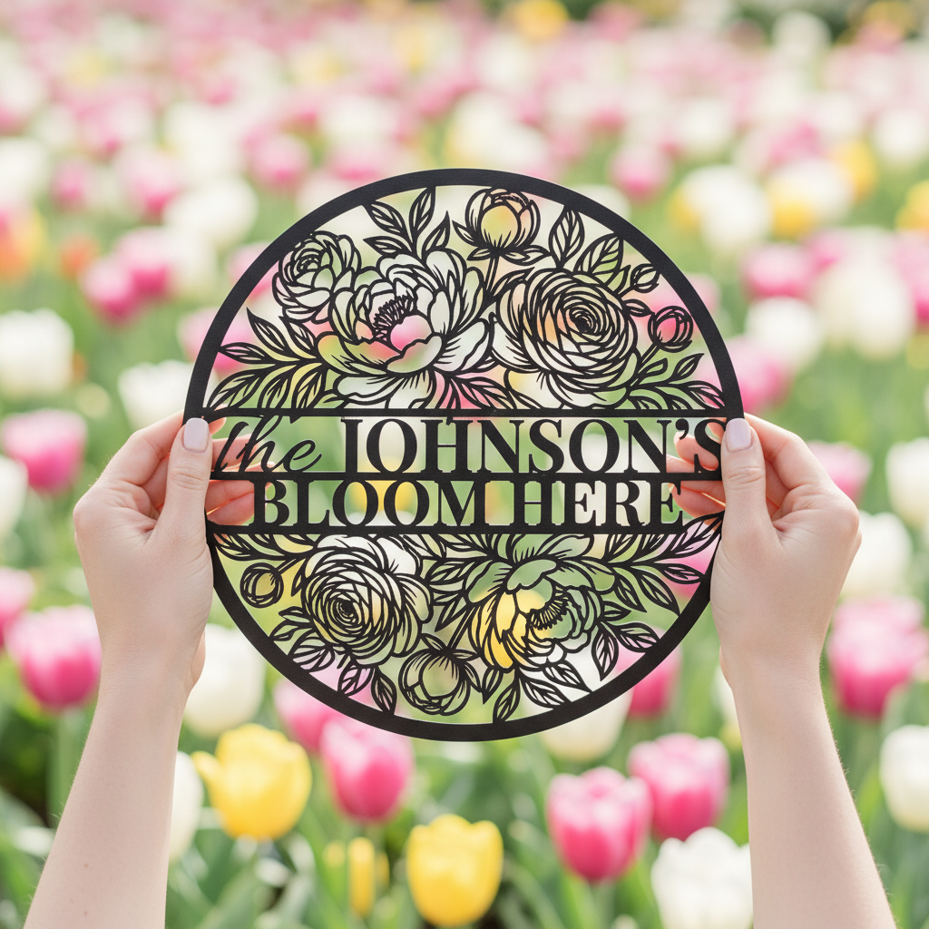 Personalized floral round family name sign with flower vines in black steel – image 9