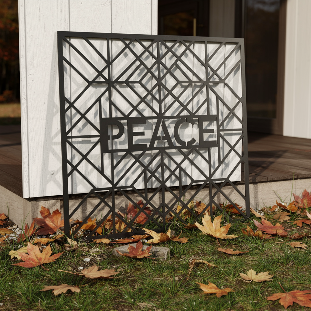 Personalisiertes quadratisches Art-déco-Familienschild mit geometrischen Linien aus schwarzem Stahl – Bild 12