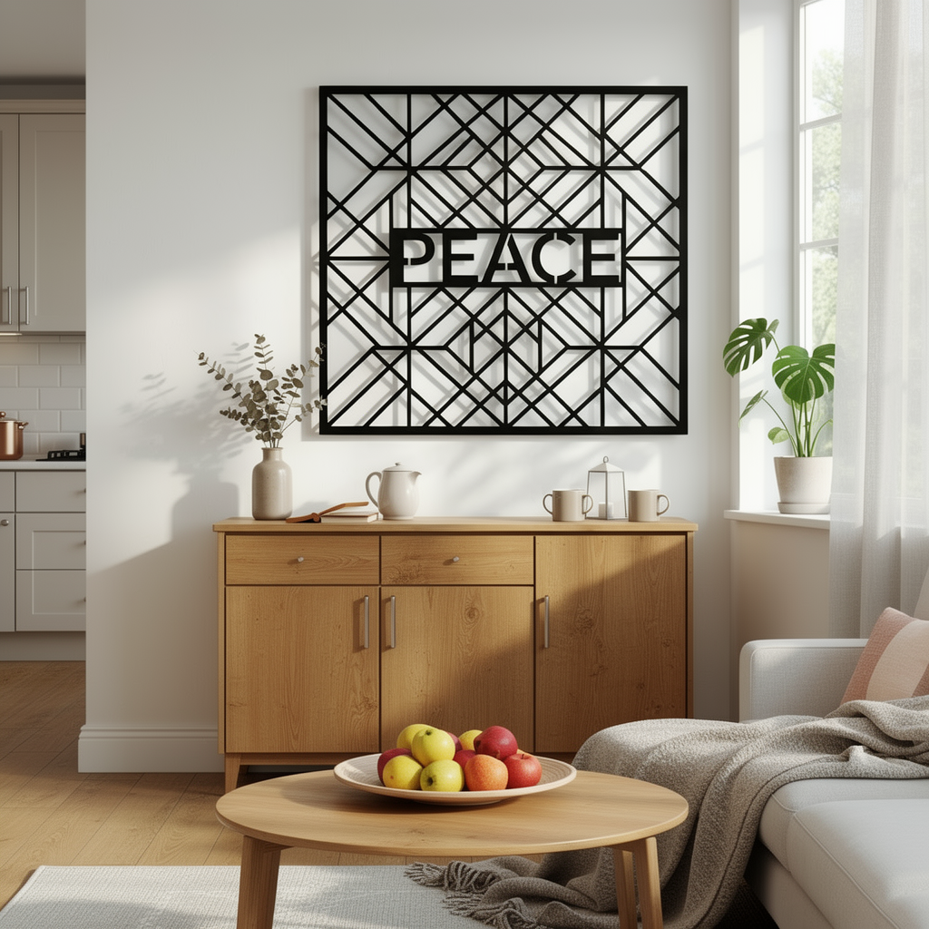 Personalisiertes quadratisches Art-déco-Familienschild mit geometrischen Linien aus schwarzem Stahl – Bild 3