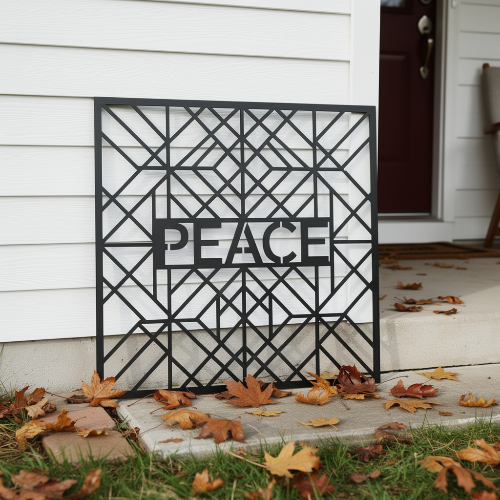 Personalisiertes quadratisches Art-déco-Familienschild mit geometrischen Linien aus schwarzem Stahl – Bild 8