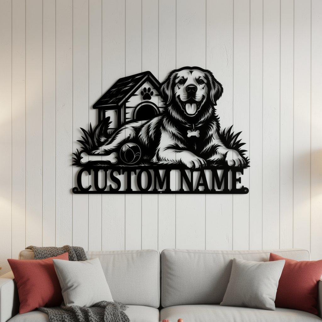 Personalisiertes Golden Retriever Hundeschild mit Hundehütte und Namen aus Stahl – Bild 4