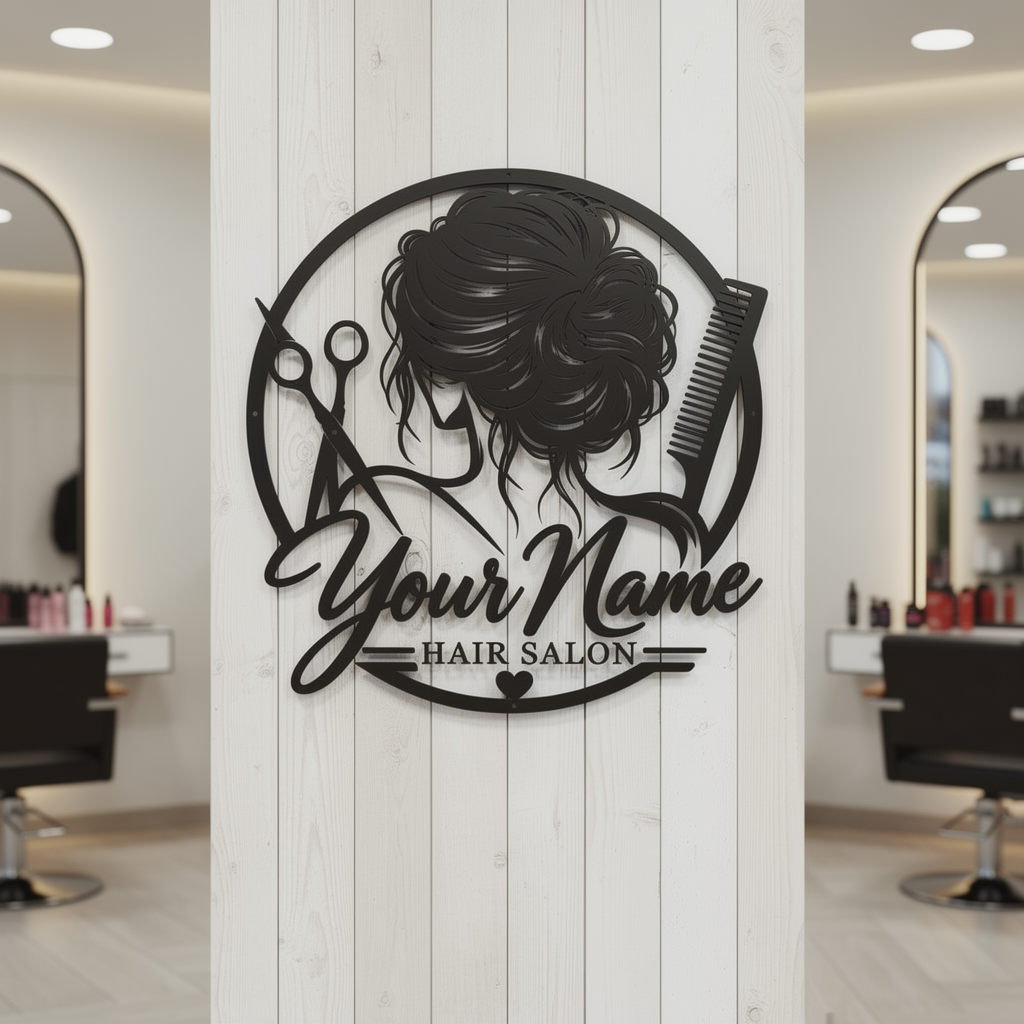 Personalisiertes Friseur Metallschild rund mit Kamm und Schere – Bild 2