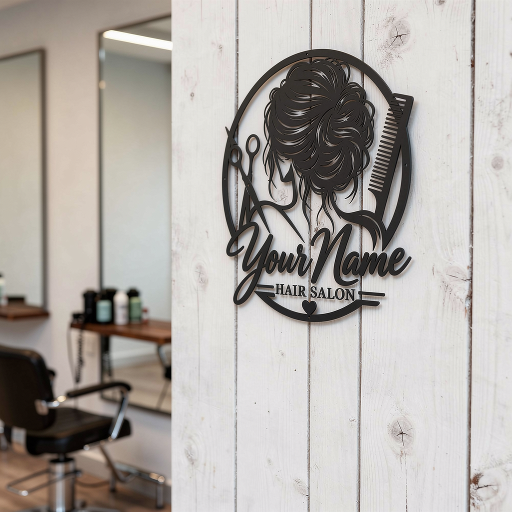 Personalisiertes Friseur Metallschild rund mit Kamm und Schere – Bild 3