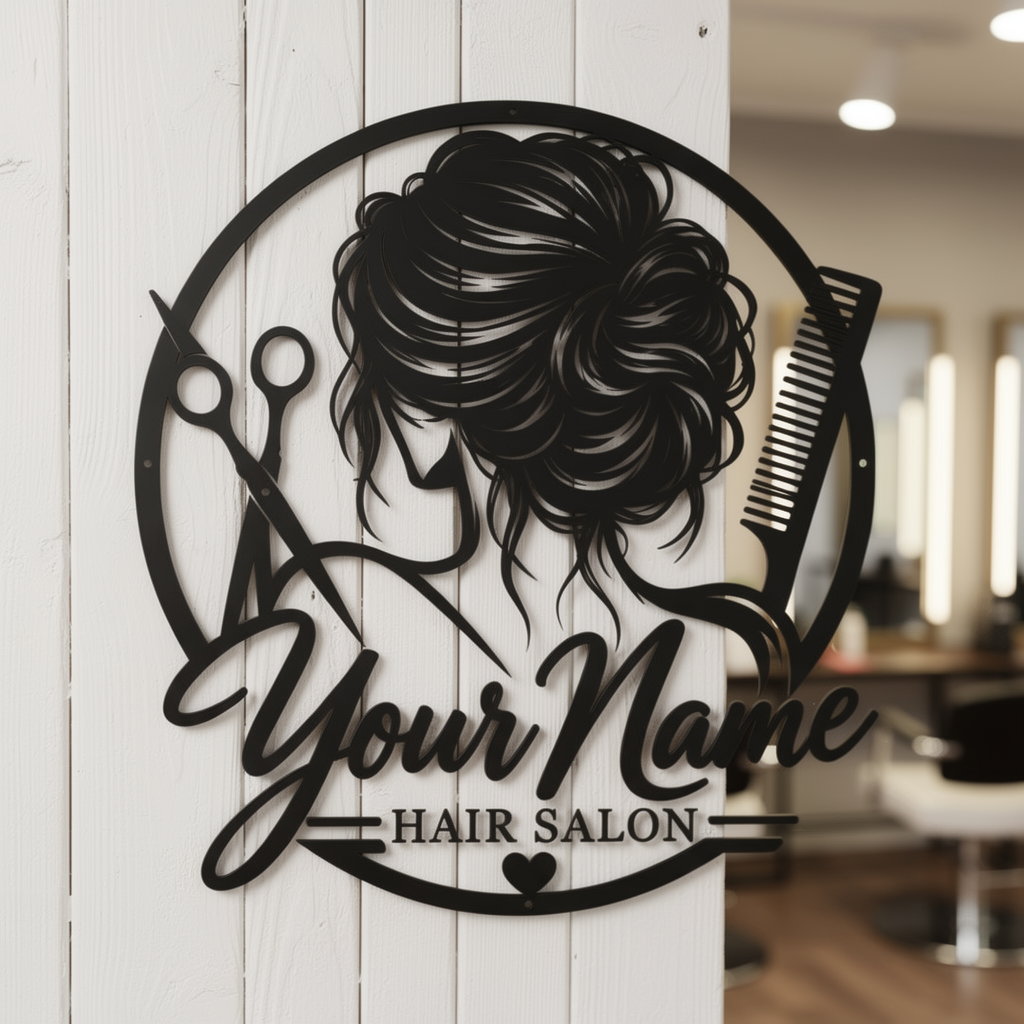 Personalisiertes Friseur Metallschild rund mit Kamm und Schere – Bild 4