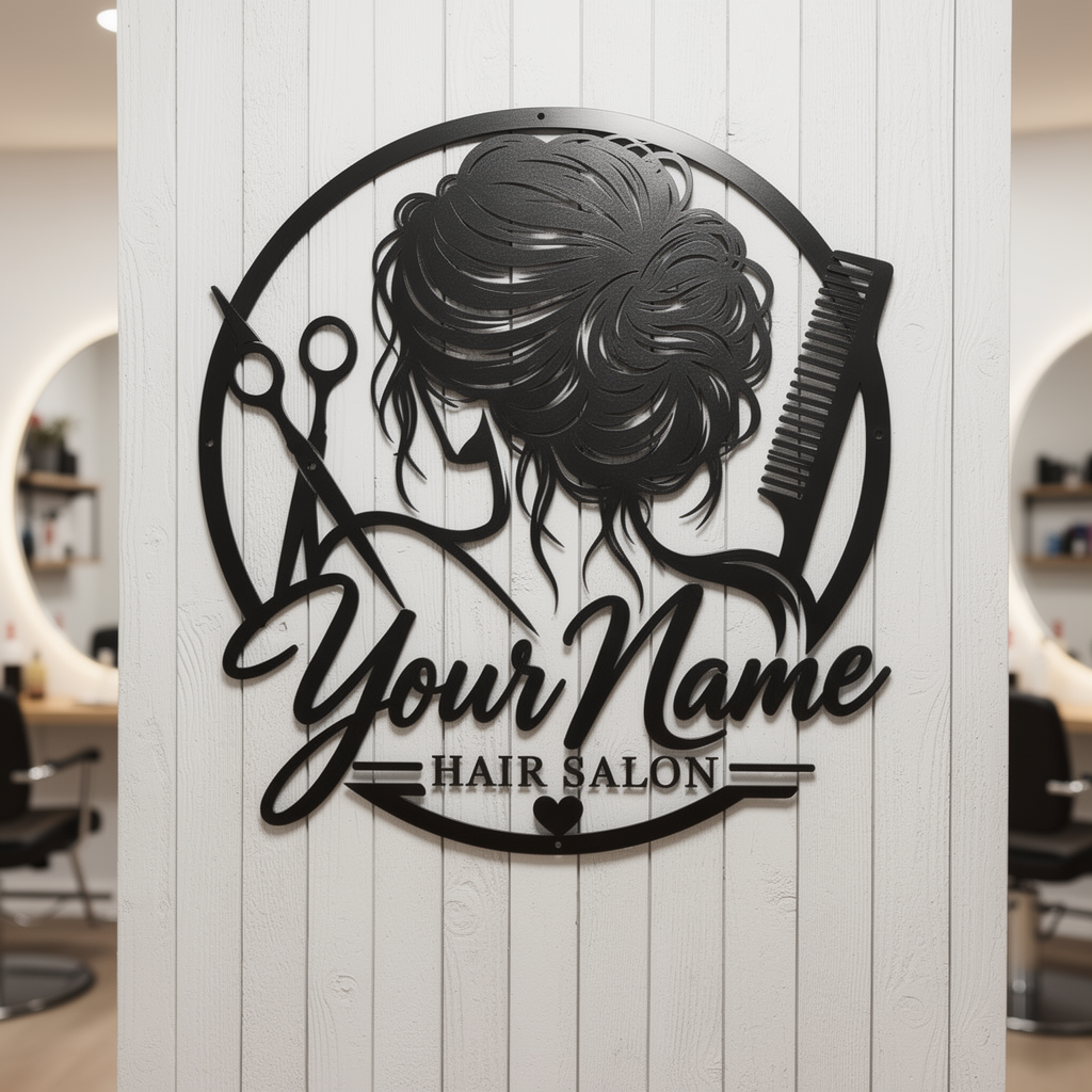 Personalisiertes Friseur Metallschild rund mit Kamm und Schere – Bild 5