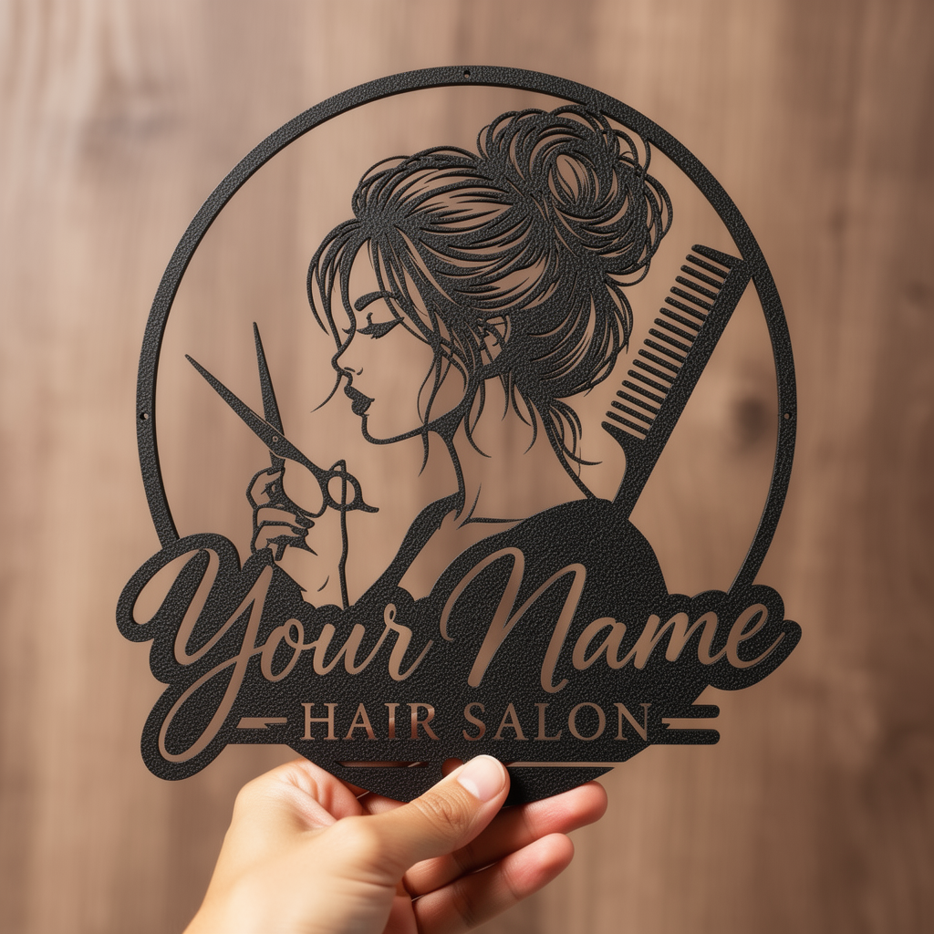 Personalisiertes Friseur Metallschild rund mit Profil, Kamm und Schere – Bild 4