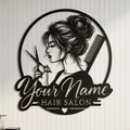 Personalized round hair salon sign with woman’s profile, comb and scissors in steel