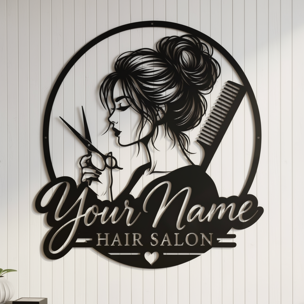 Personalisiertes Friseur Metallschild rund mit Profil, Kamm und Schere – Bild 1