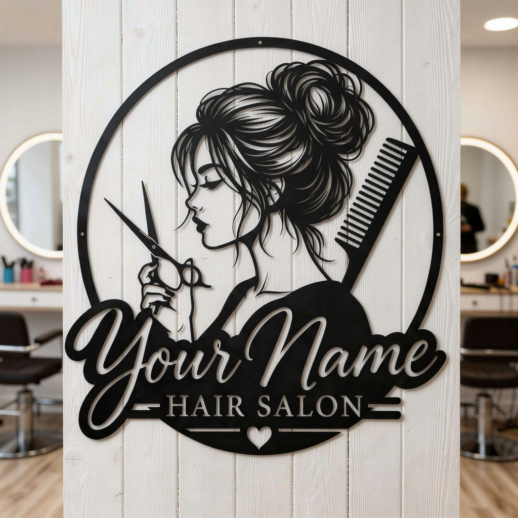 Personalized round hair salon sign with woman’s profile, comb and scissors in steel – image 5