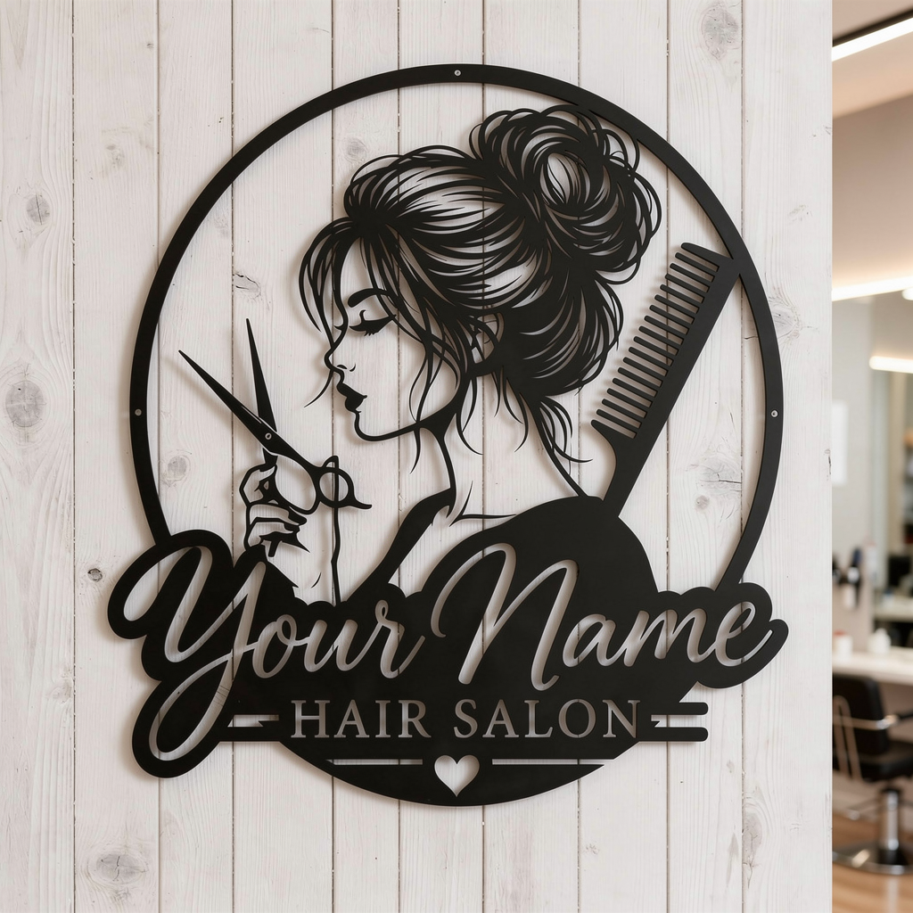 Personalized round hair salon sign with woman’s profile, comb and scissors in steel – image 6