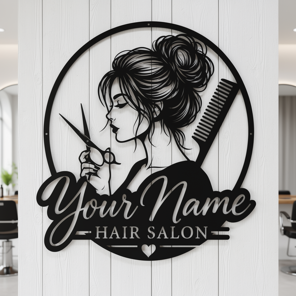 Personalized round hair salon sign with woman’s profile, comb and scissors in steel – image 7