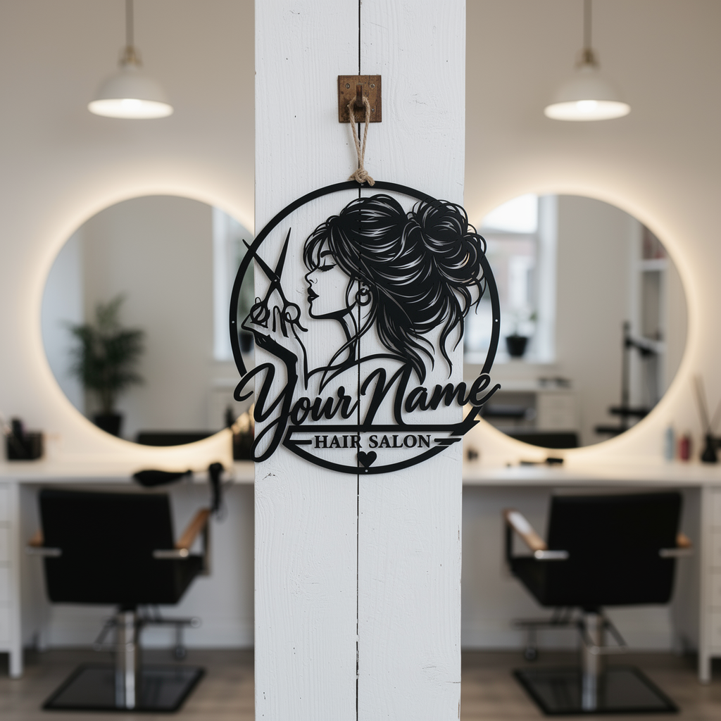 Personalisiertes Friseur Stylistin Metallschild rund – Bild 3
