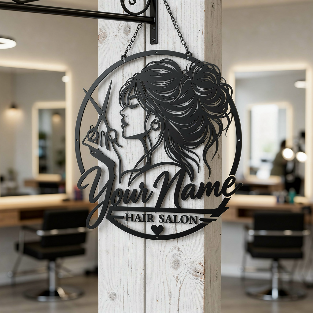 Personalisiertes Friseur Stylistin Metallschild rund – Bild 4