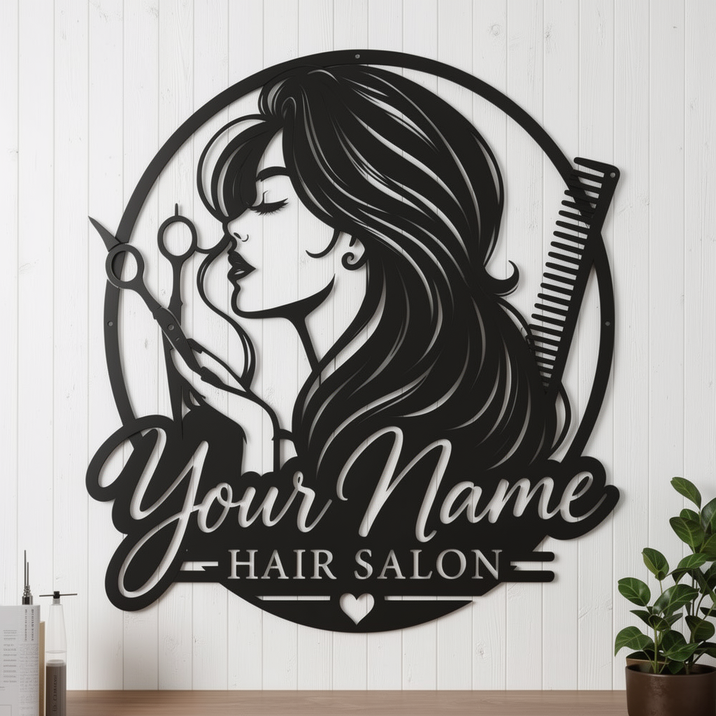 Personalized hair salon metal sign with long-haired woman profile and salon name – image 4