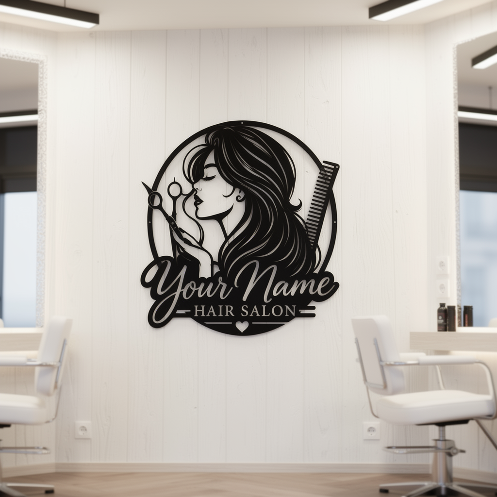 Personalized hair salon metal sign with long-haired woman profile and salon name – image 5