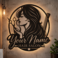 Personalized hair salon metal sign with long-haired woman profile and salon name