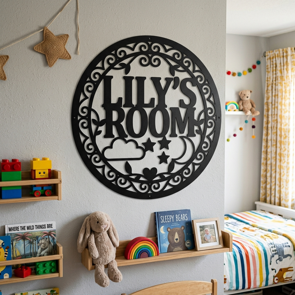 Personalized round moon and stars kids name sign with cloud in black steel – image 2