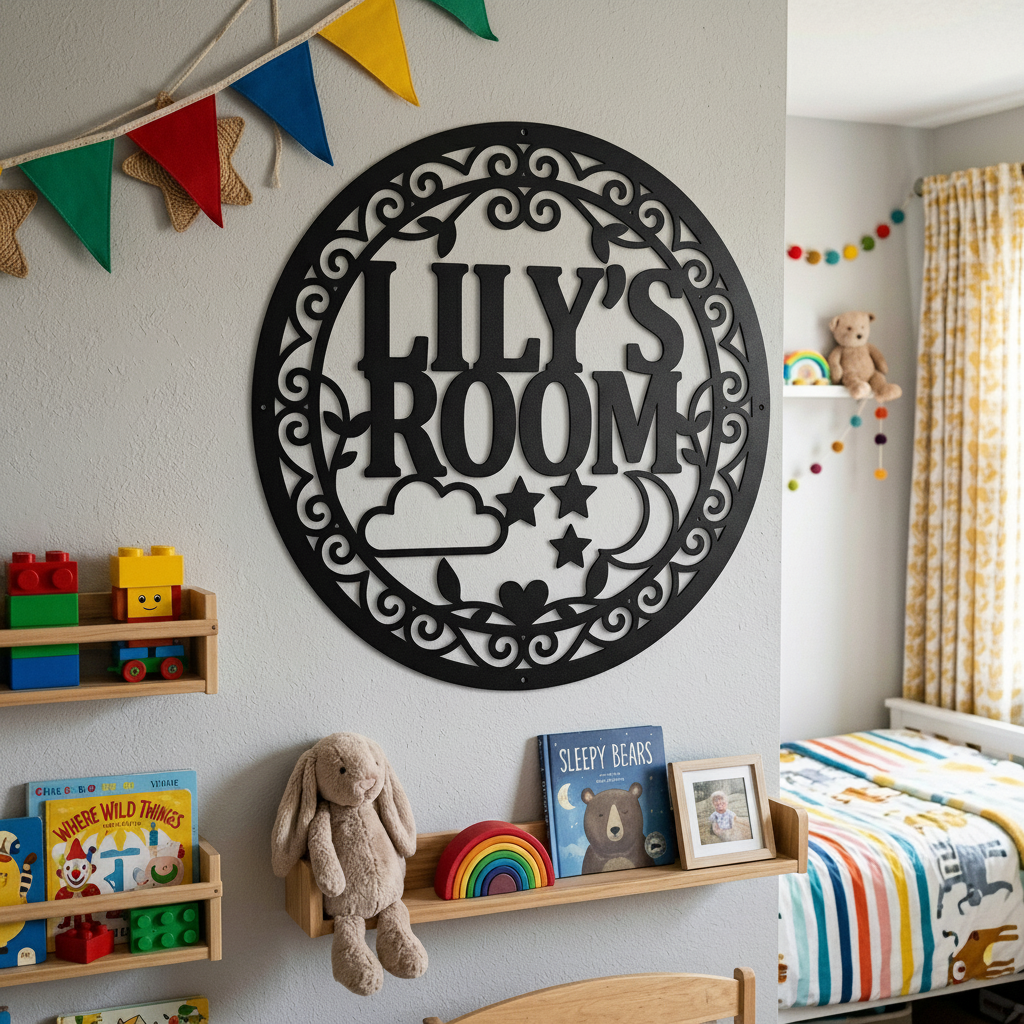 Personalisiertes rundes Türschild Kinderzimmer mit Wolke, Mond und Sternen aus Stahl – Bild 10