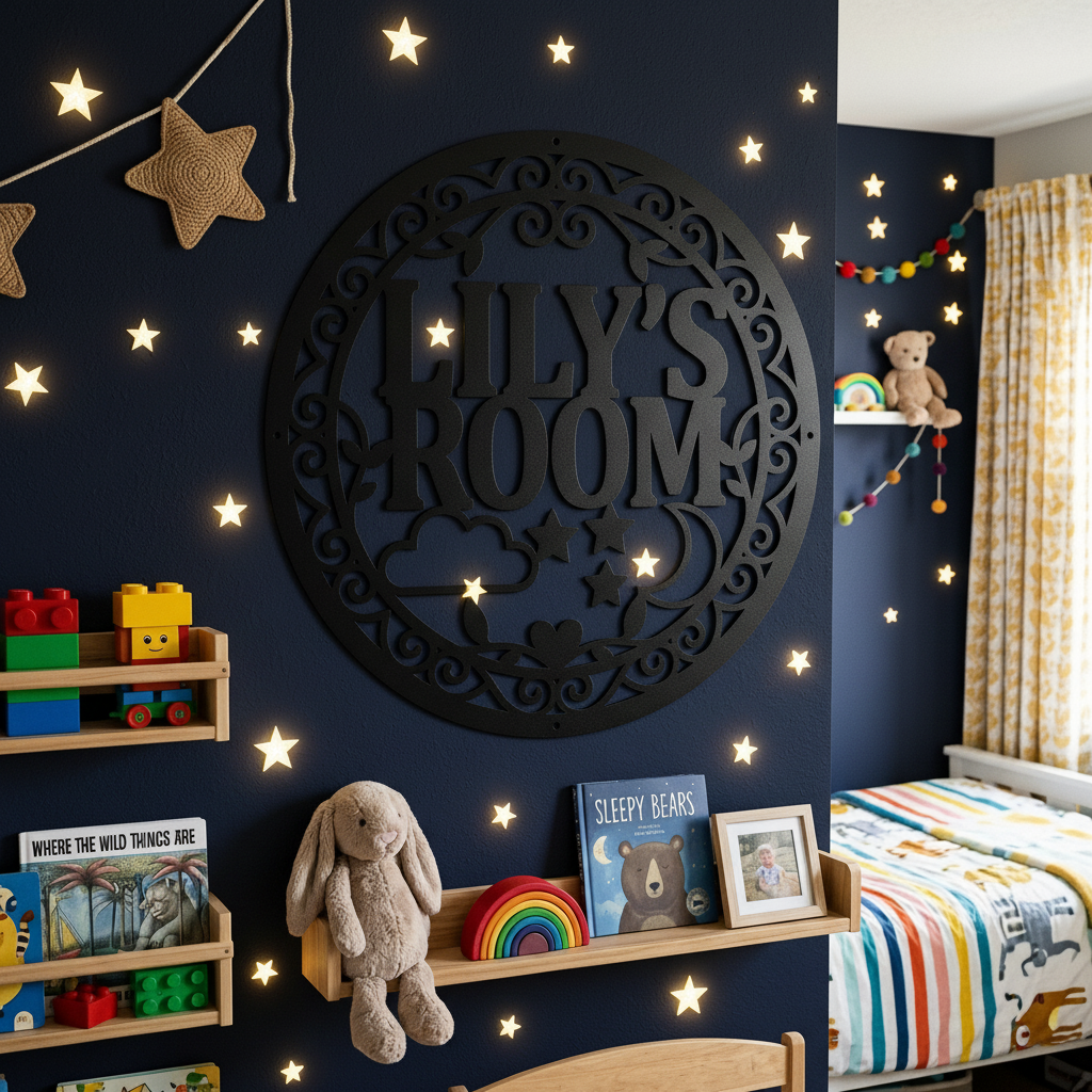Personalisiertes rundes Türschild Kinderzimmer mit Wolke, Mond und Sternen aus Stahl – Bild 11