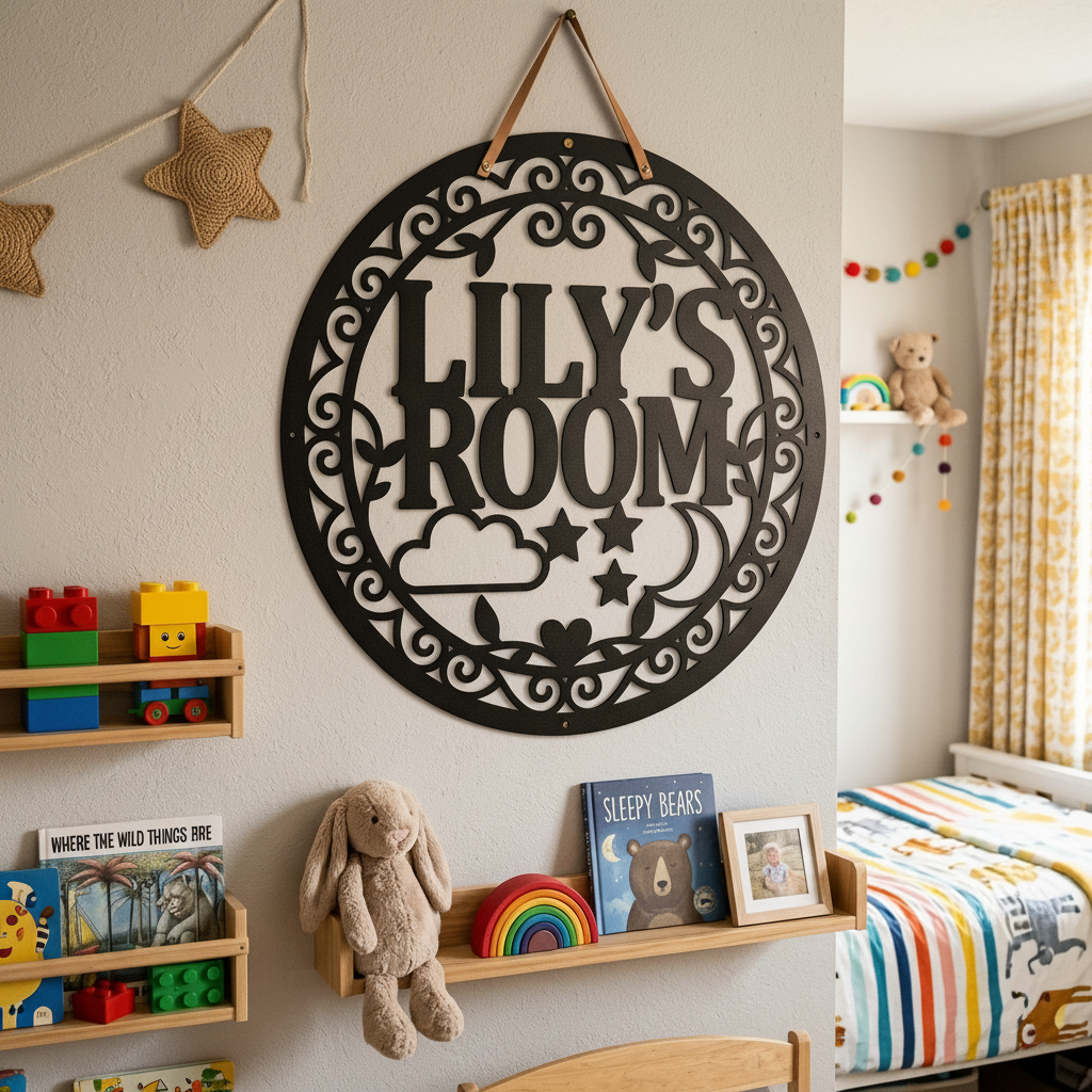 Personalisiertes rundes Türschild Kinderzimmer mit Wolke, Mond und Sternen aus Stahl – Bild 17
